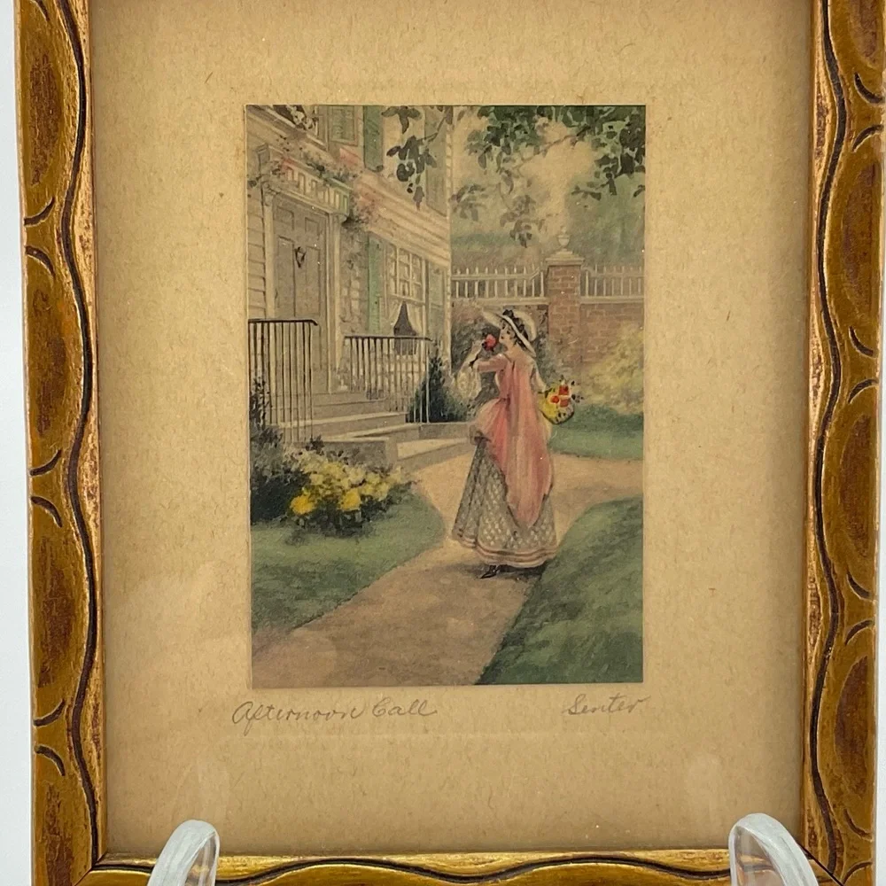 Vintage Lithograph Print, An Afternoon Call Signed Center, Victorian Lady